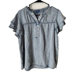 Democracy Womens Petite Large Blue Lyocell Ruffle Sleeve Henley Denim Blouse PL